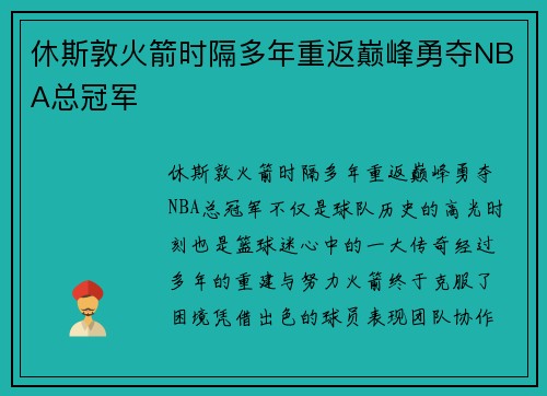 休斯敦火箭时隔多年重返巅峰勇夺NBA总冠军